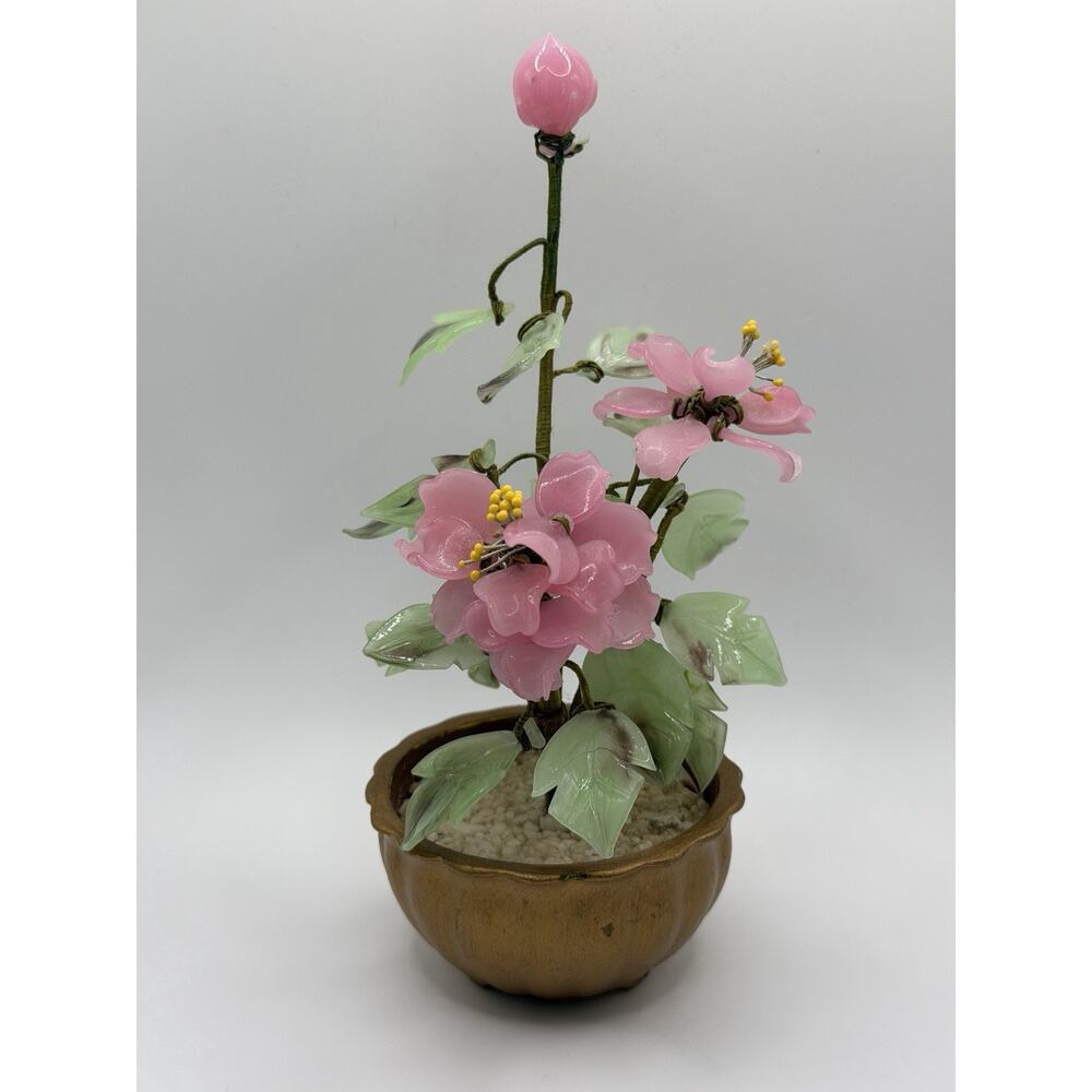 Vintage 8" Chinese China Pink Chrysanthemum Jade Mineral Glass Flower Figurine